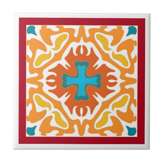 Fiery Orange Spanish Tile with Blue Accents (Front)
