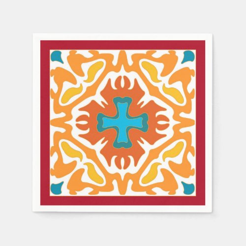 Fiery Orange Spanish Tile with Blue Accents Paper Napkins