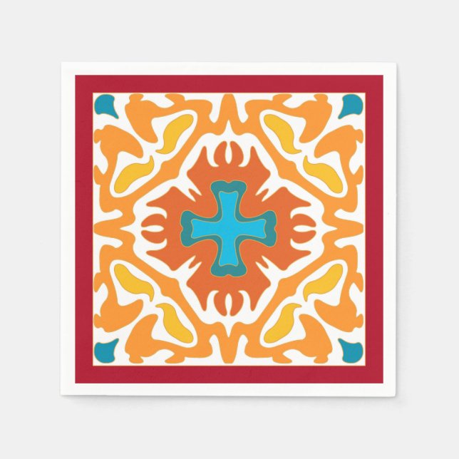Fiery Orange Spanish Tile with Blue Accents Paper Napkins (Front)