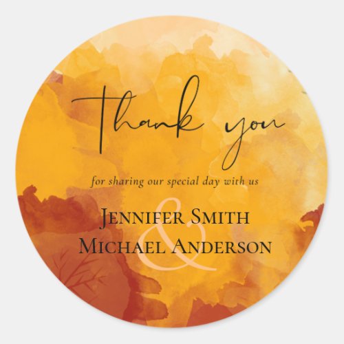 Fiery Orange Watercolor Abstract Sunset Wedding Classic Round Sticker