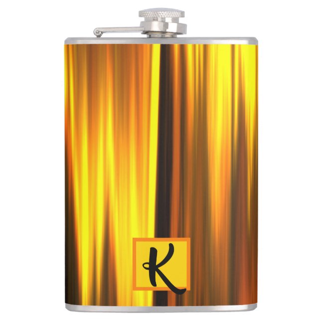 Fiery Orange Yellow Black Monogram Gift for Men Flask (Front)