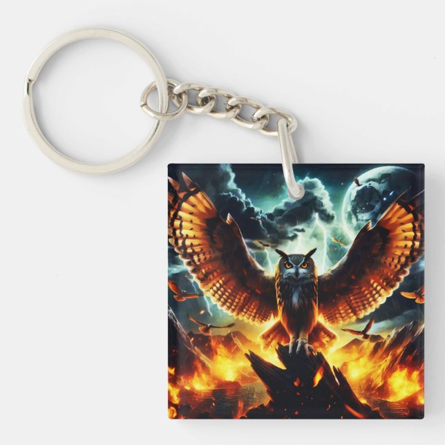Fiery Owl Moonrise Keychain (Front)
