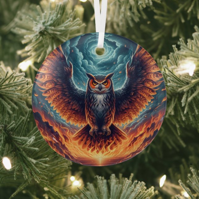 Fiery Owl Phoenix Ascension Glass Ornament (Insitu)