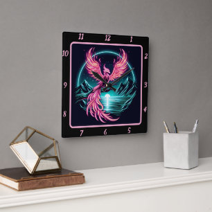 Fiery Phoenix Above Silent Mountain Square Wall Clock