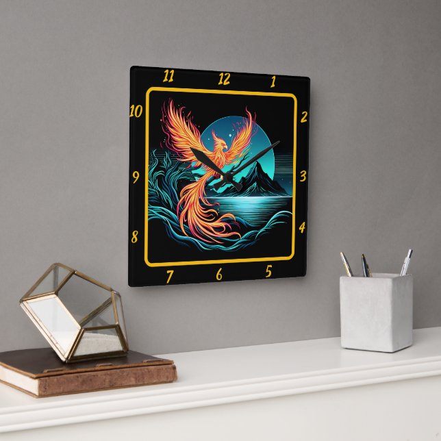 Fiery Phoenix Above Silent Mountains Square Wall Clock (Office)