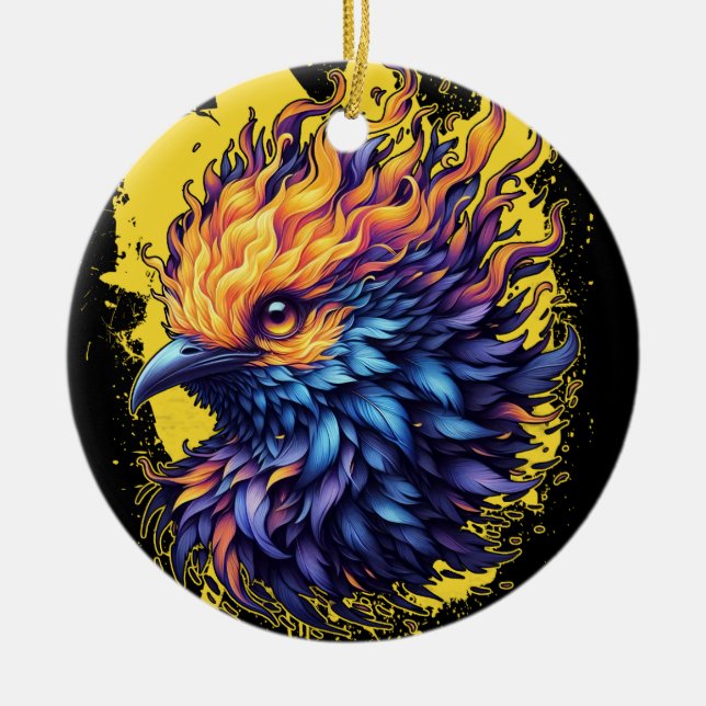 Fiery Phoenix Bird Art Ceramic Ornament (Front)
