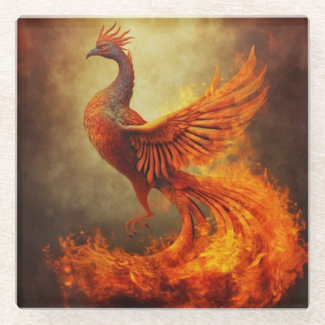 Fiery Phoenix in Mist Glass Coaster (Front)