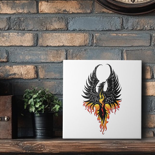 Fiery Phoenix Rising Firebird Black Tribal Flames Ceramic Tile (Creator Uploaded)