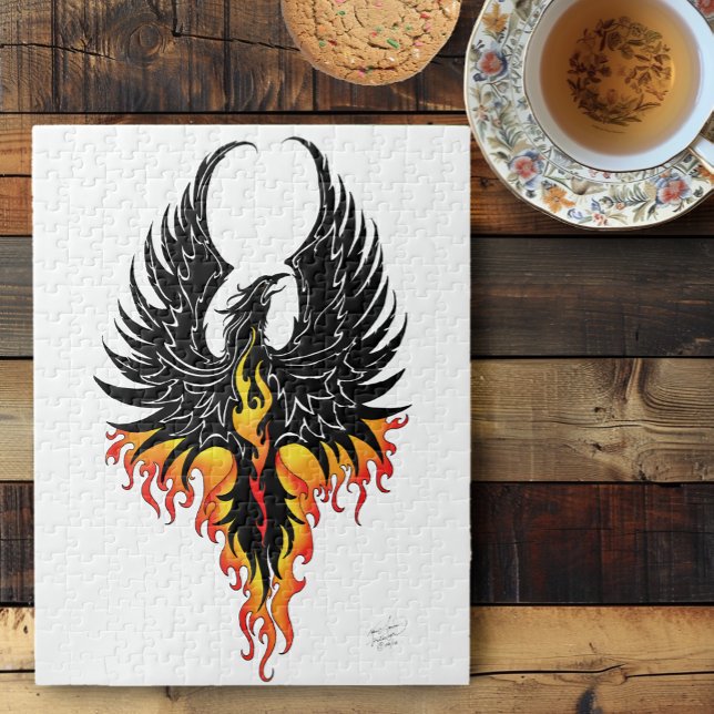 Fiery Phoenix Rising Firebird Black Tribal Flames Jigsaw Puzzle (Creator Uploaded)