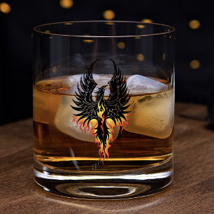 Fiery Phoenix Rising Firebird Black Tribal Flames Whiskey Glass