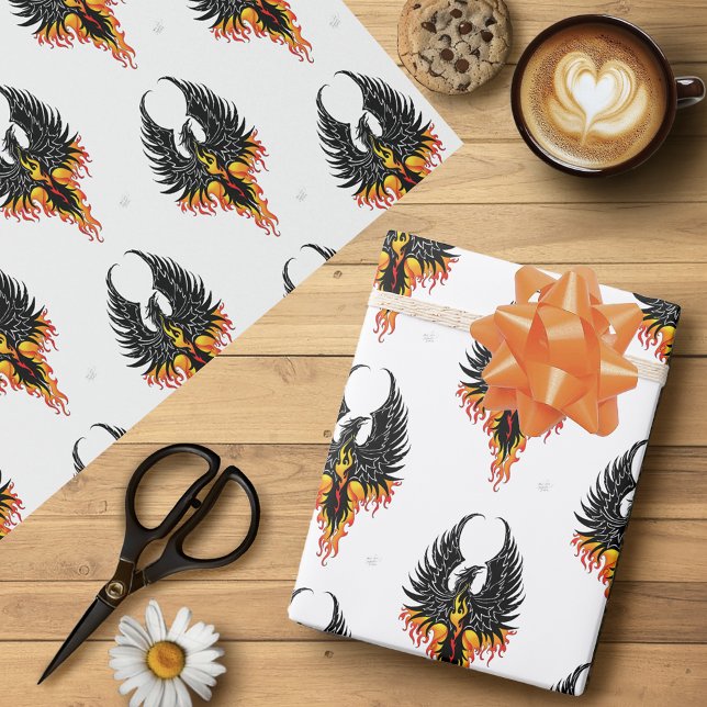 Fiery Phoenix Rising Firebird Black Tribal Flames Wrapping Paper (Creator Uploaded)