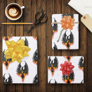 Fiery Phoenix Rising Firebird Black Tribal Flames Wrapping Paper Sheets