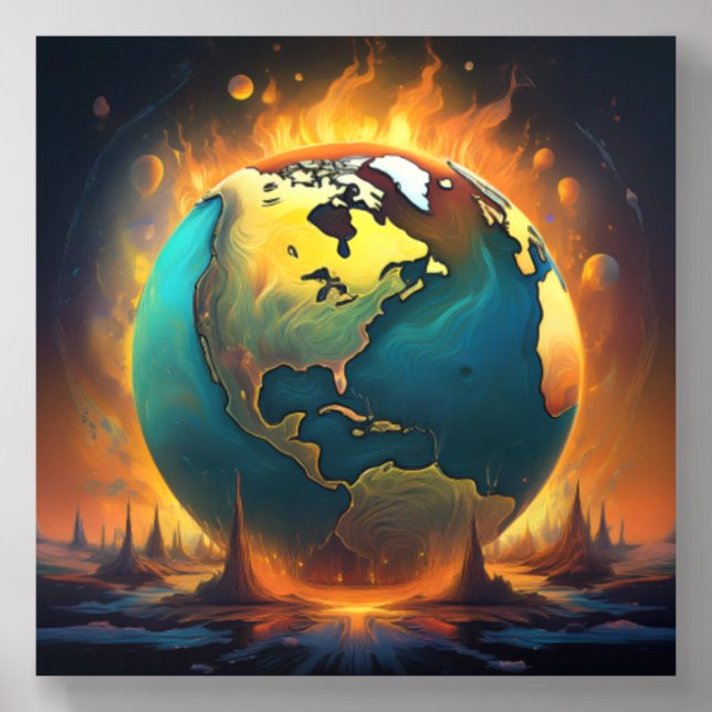 Fiery Planet - Earth Ablaze Artwork Acrylic Photo Tile (Front Set)