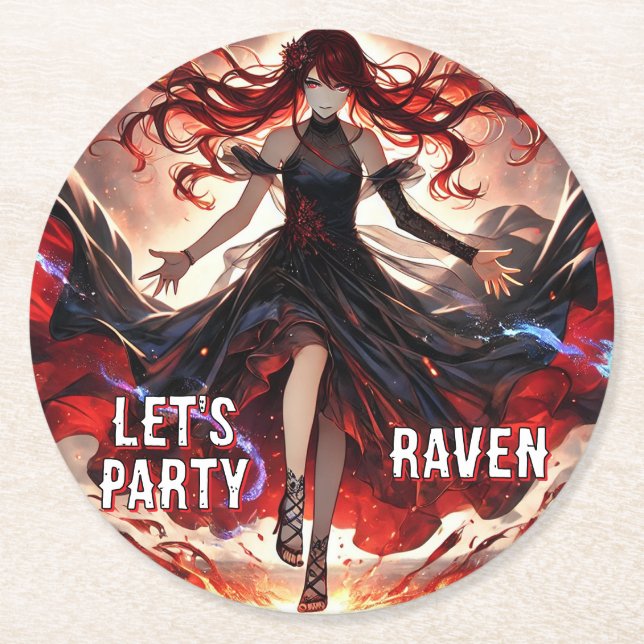 Fiery Raven Gothic Anime Girl Party Design Round Paper Coaster (Front)