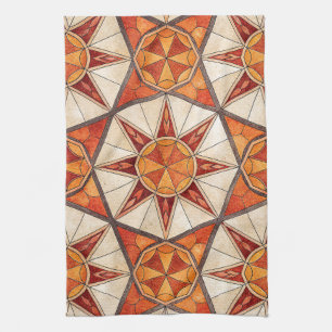 Fiery Red and Orange Starburst - Geometric Mosaic Kitchen Towel
