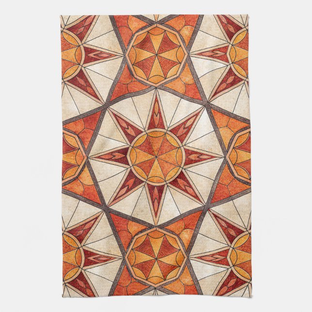 Fiery Red and Orange Starburst - Geometric Mosaic Kitchen Towel (Vertical)