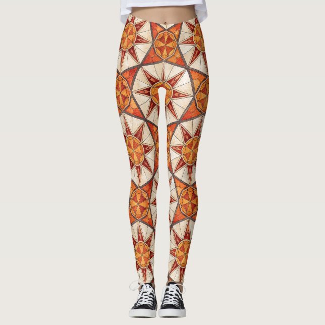 Fiery Red and Orange Starburst - Geometric Mosaic Leggings (Front)