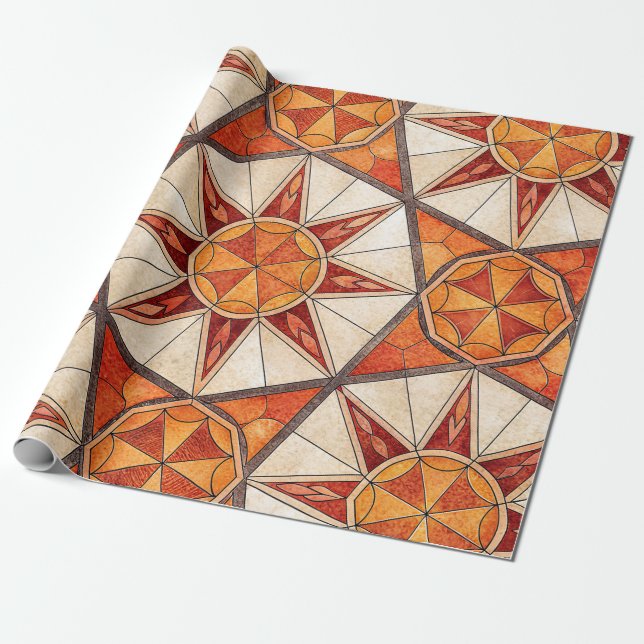 Fiery Red and Orange Starburst - Geometric Mosaic Wrapping Paper (Unrolled)