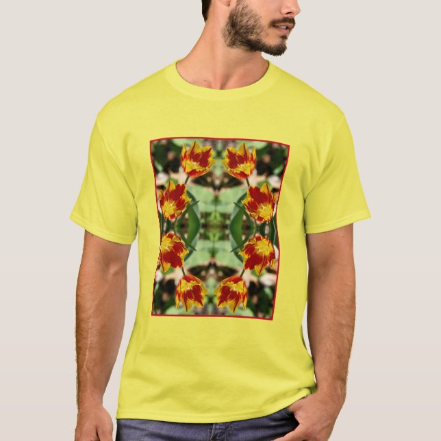 Fiery Red And Yellow Tulip Flowers Abstract T-Shirt (Front)