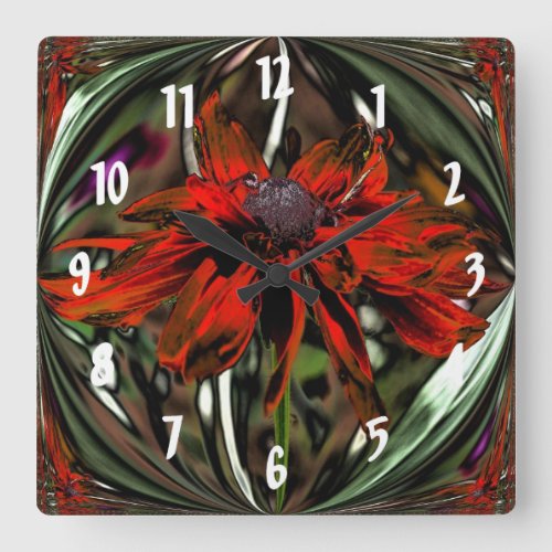 Fiery Red Daisy Abstract Flower Art Square Wall Clock