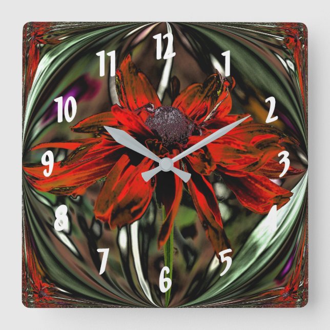 Fiery Red Daisy Abstract Flower Art Square Wall Clock (Front)