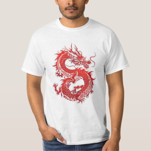 Fiery Red Dragon Logo on White T_Shirt