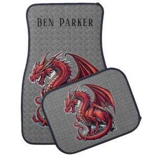Fiery Red Dragon On Metal Diamond Plate Custom Car Floor Mat