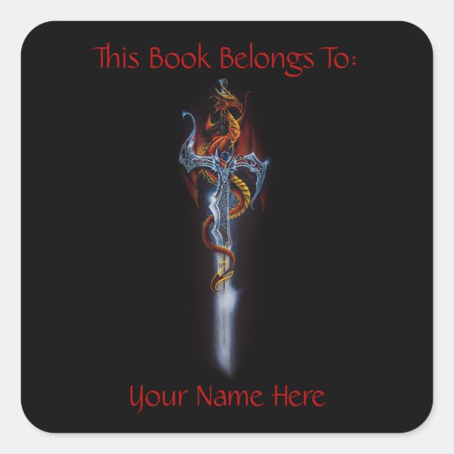 Fiery Red Fantasy Dragon Silver Sword Bookplate (Front)