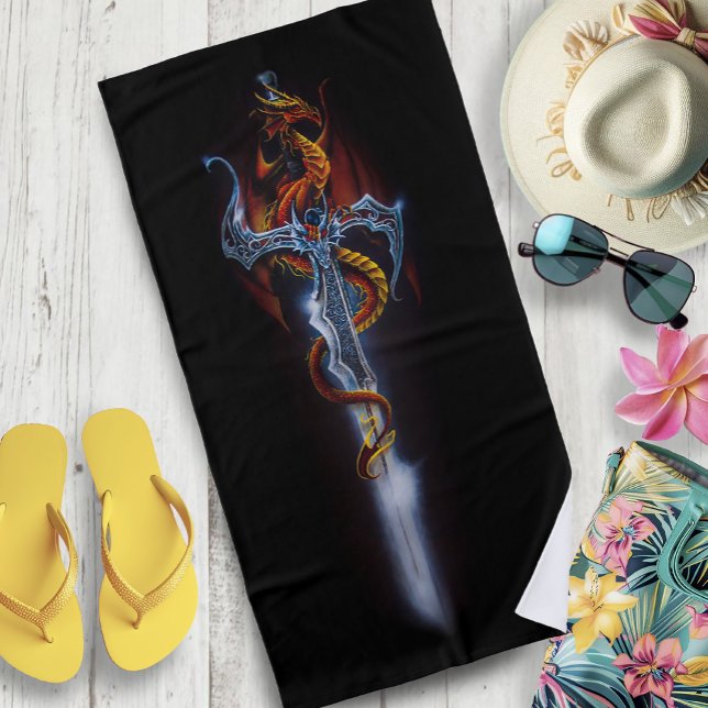 Fiery Red Fantasy Dragon Silver Sword Painting Beach Towel (Creator Uploaded)
