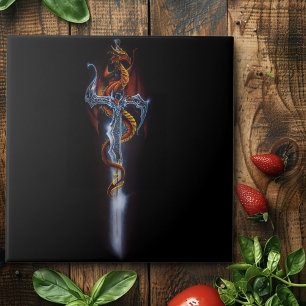 Fiery Red Fantasy Dragon Silver Sword Painting Ceramic Tile