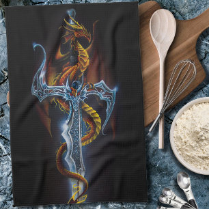Fiery Red Fantasy Dragon Silver Sword Painting Kitchen Towel