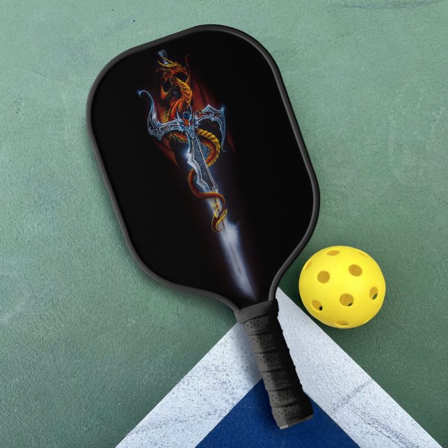 Fiery Red Fantasy Dragon Silver Sword Painting Pickleball Paddle (Creator Uploaded)