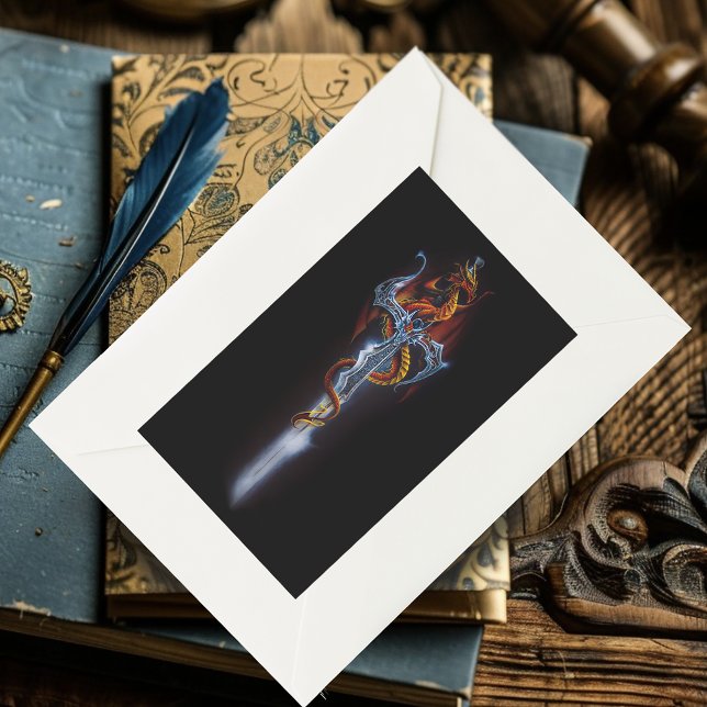 Fiery Red Fantasy Dragon Silver Sword Painting Rectangular Sticker (Creator Uploaded)