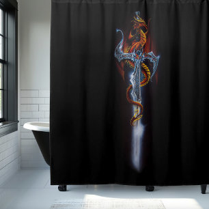 Fiery Red Fantasy Dragon Silver Sword Painting Shower Curtain