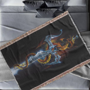 Fiery Red Fantasy Dragon Silver Sword Painting Throw Blanket