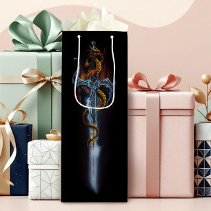 Fiery Red Fantasy Dragon Silver Sword Painting Wine Gift Bag