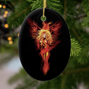 Fiery Red Fantasy Phoenix Woman Black Ceramic Ornament