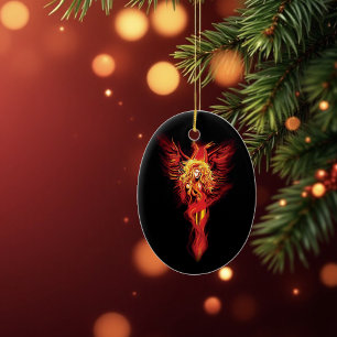 Fiery Red Fantasy Phoenix Woman Black Ceramic Ornament