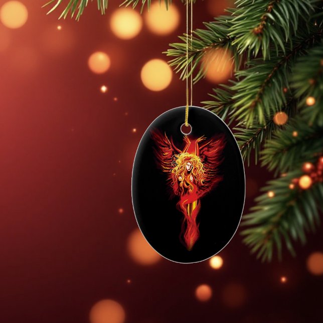 Fiery Red Fantasy Phoenix Woman Black Ceramic Ornament (Creator Uploaded)
