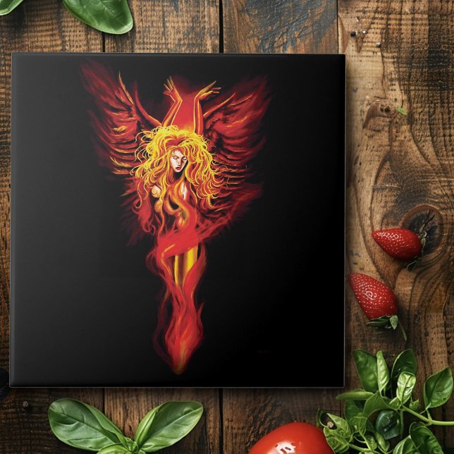 Fiery Red Fantasy Phoenix Woman Black Ceramic Tile (Creator Uploaded)