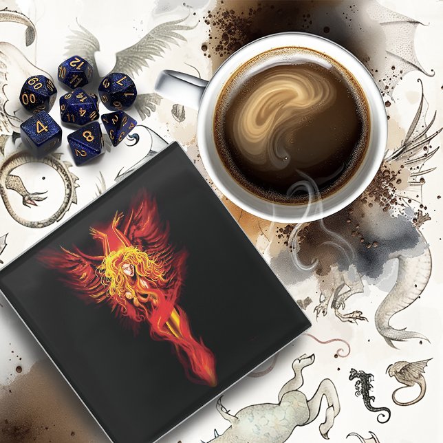 Fiery Red Fantasy Phoenix Woman Black Glass Coaster (Creator Uploaded)