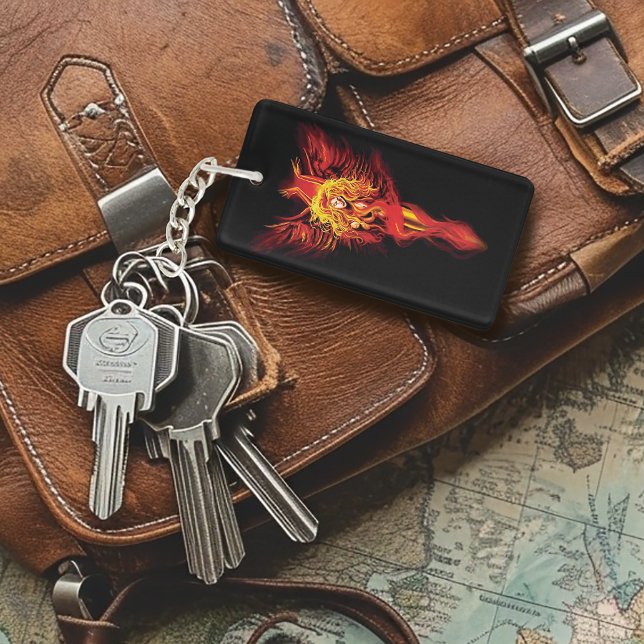 Fiery Red Fantasy Phoenix Woman Black Keychain (Creator Uploaded)