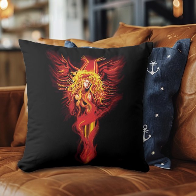 Fiery Red Fantasy Phoenix Woman Black Throw Pillow (Creator Uploaded)