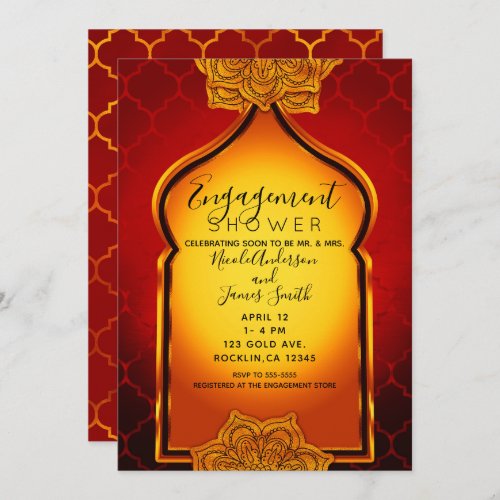 Fiery Red Gold Indian Arabian Engagement Shower Invitation