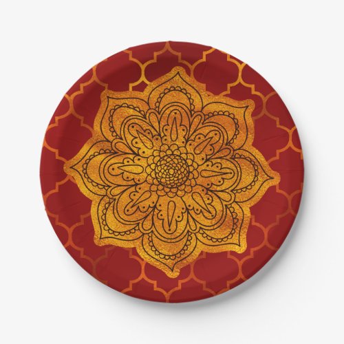 Fiery Red Gold Royal Indian Arabian Theme Moroccan Paper Plates