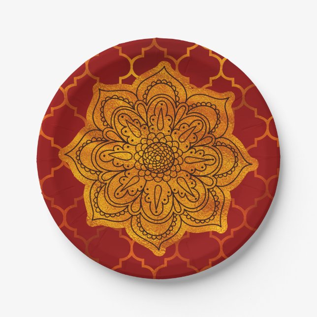 Fiery Red Gold Royal Indian Arabian Theme Moroccan Paper Plates (Front)