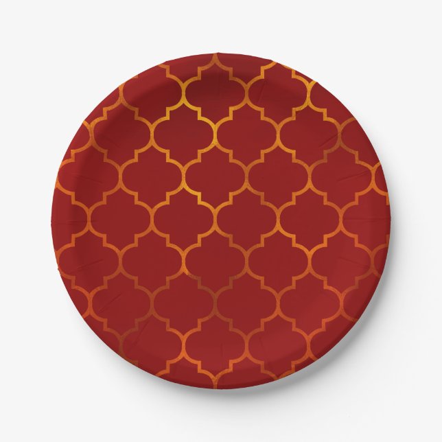 Fiery Red Gold Royal Indian Arabian Theme Moroccan Paper Plates (Front)