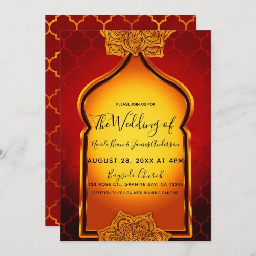 Fiery Red Gold Royal Indian Arabian Theme Wedding Invitation