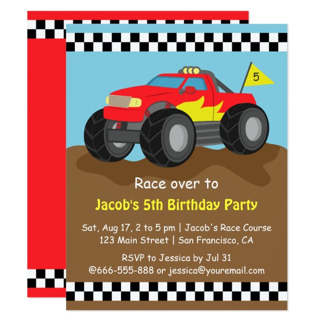 Fiery Red Monster Truck Birthday Party Invitation