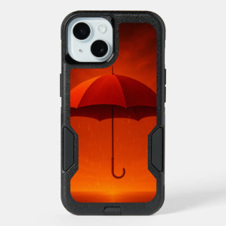 Fiery Red Umbrella Over Glowing Sea – Surreal Arti iPhone 15 Case